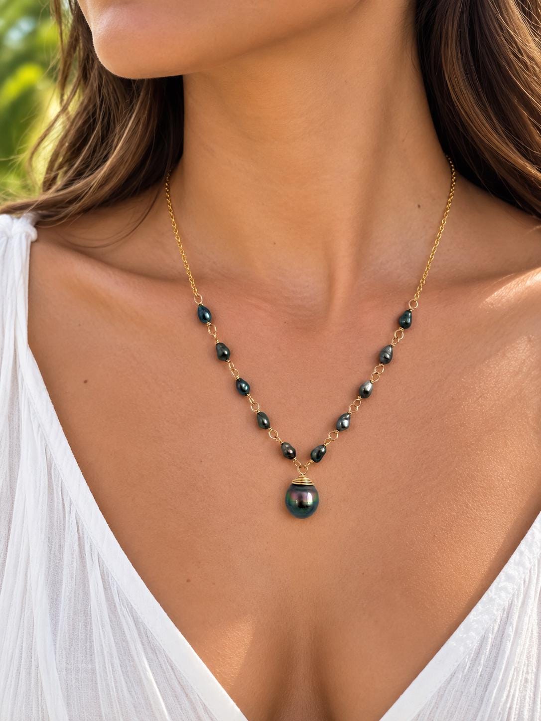 Tahitian Pearl & Keshi Necklace • Peacock color blue green pink