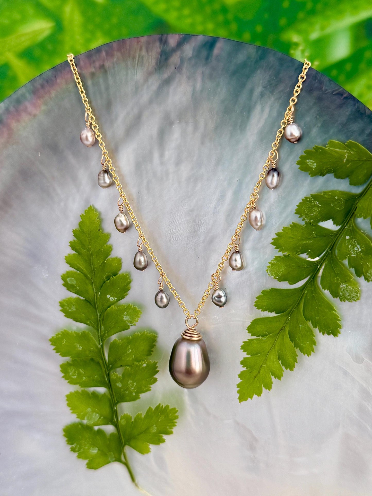 Tahitian Pearl & Keshi Dangle Necklace • Dark chocolate color with green hues