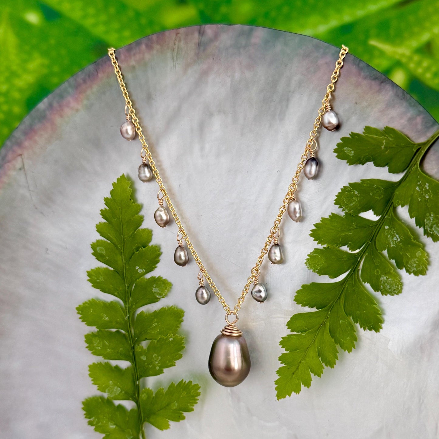 Tahitian Pearl & Keshi Dangle Necklace • Dark chocolate color with green hues