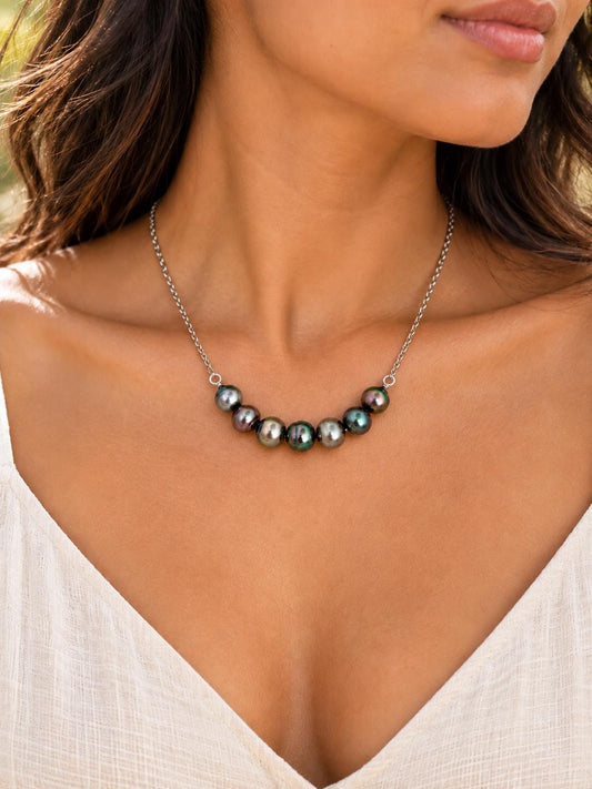 Tahitian Pearls necklace • Sterling silver jewelry • five pearls • Vibrant colors • U style