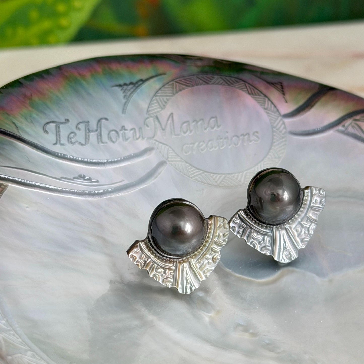 Mother of Pearl Stud earrings • shell • Carved jewelry