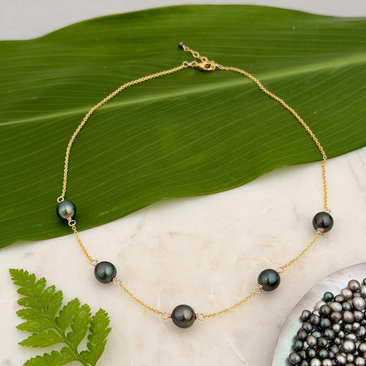 Tahitian Pearl necklace • Five gems • 14k gold filled chain