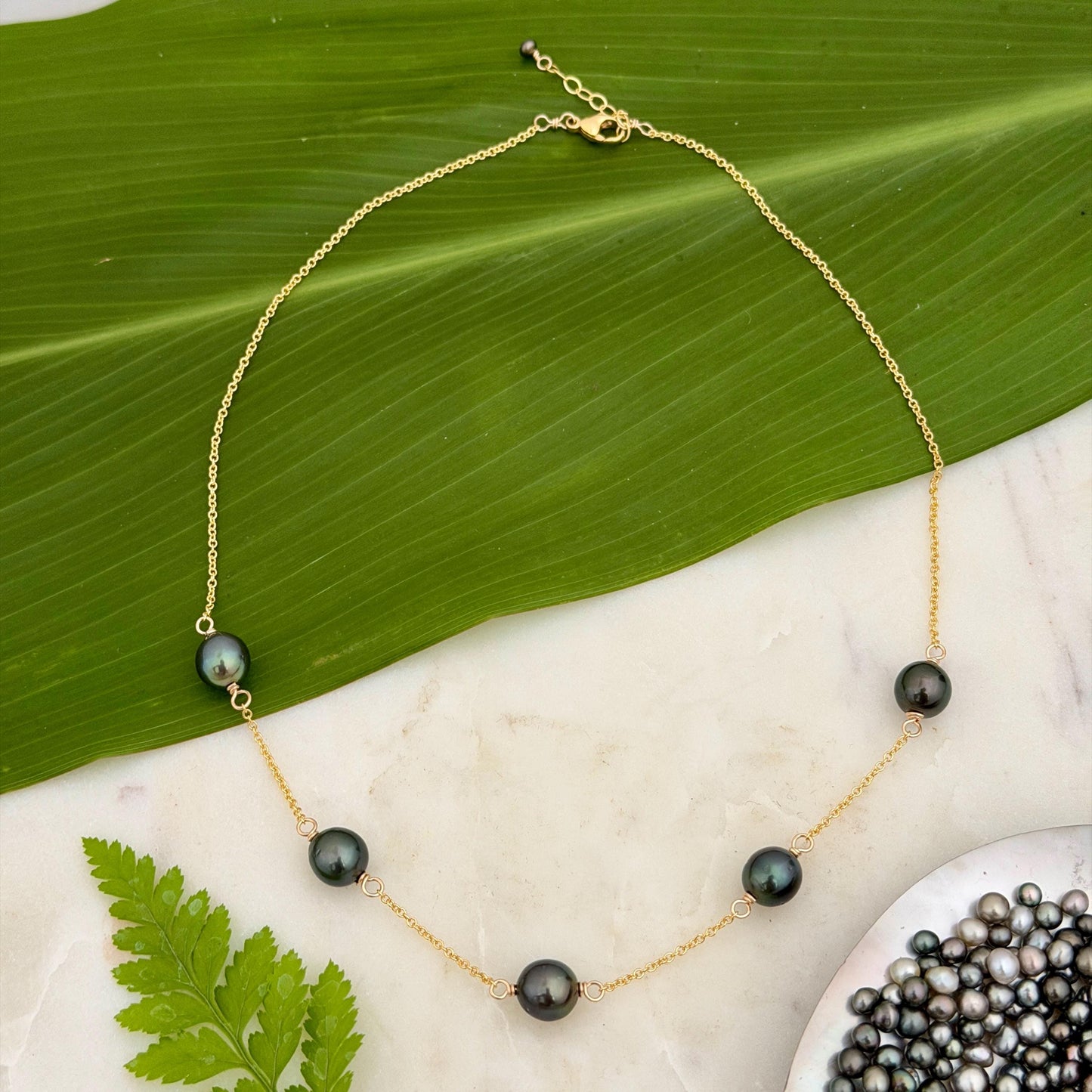 Tahitian Pearl necklace • Five gems • 14k gold filled chain