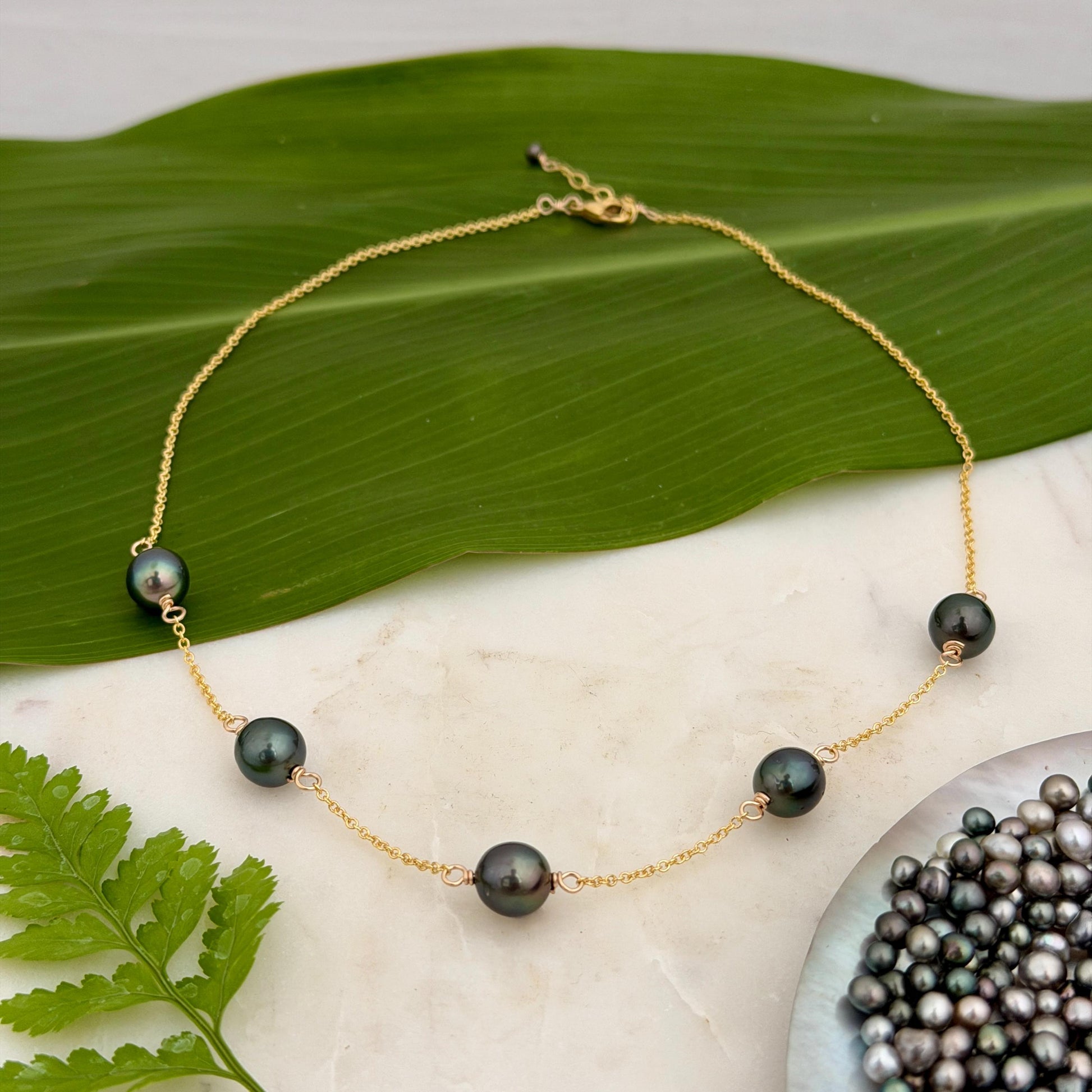 Tahitian Pearl necklace • Five gems • 14k gold filled chain