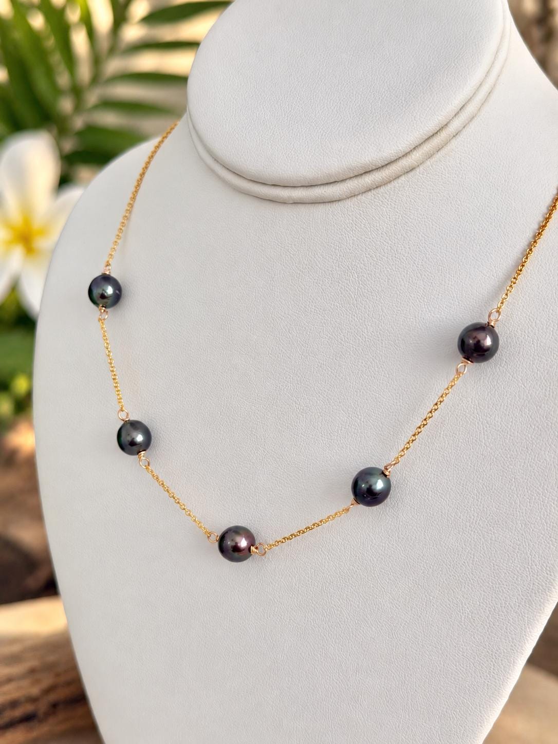 Tahitian Pearl necklace • Five gems • 14k gold filled chain