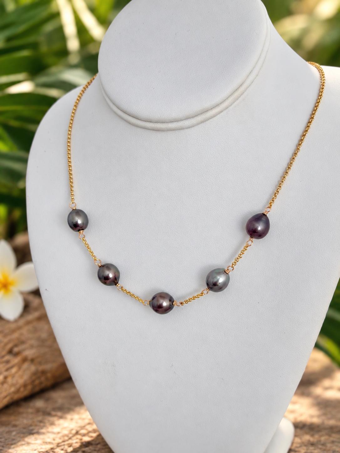 Tahitian Pearl necklace • Five 10mm gems • 14k gold filled chain