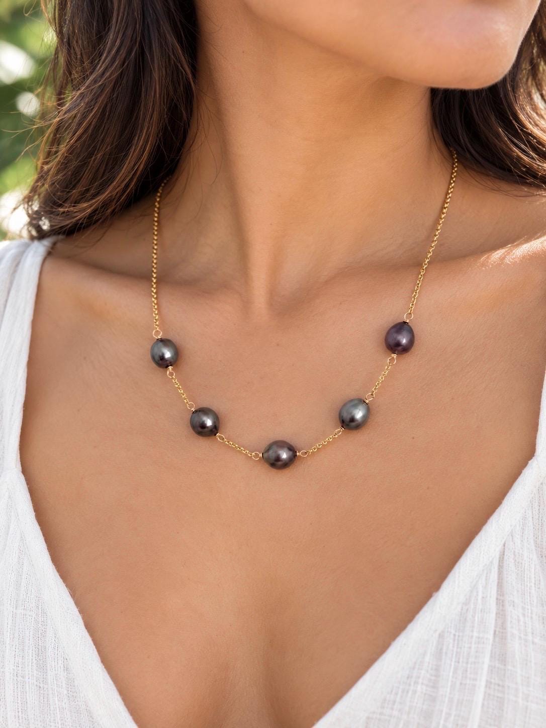 Tahitian Pearl necklace • Five 10mm gems • 14k gold filled chain