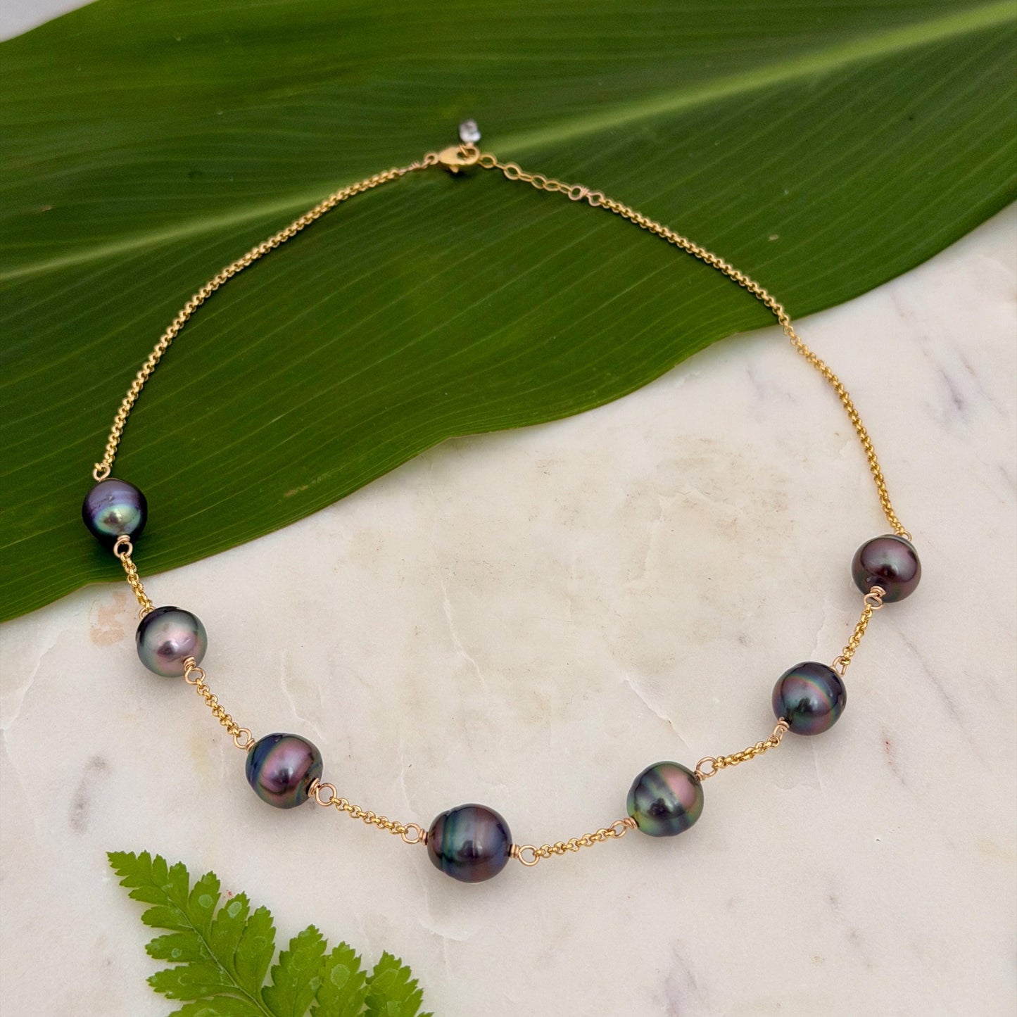 Tahitian Pearl necklace • Seven 11mm gems • 14k gold filled chain