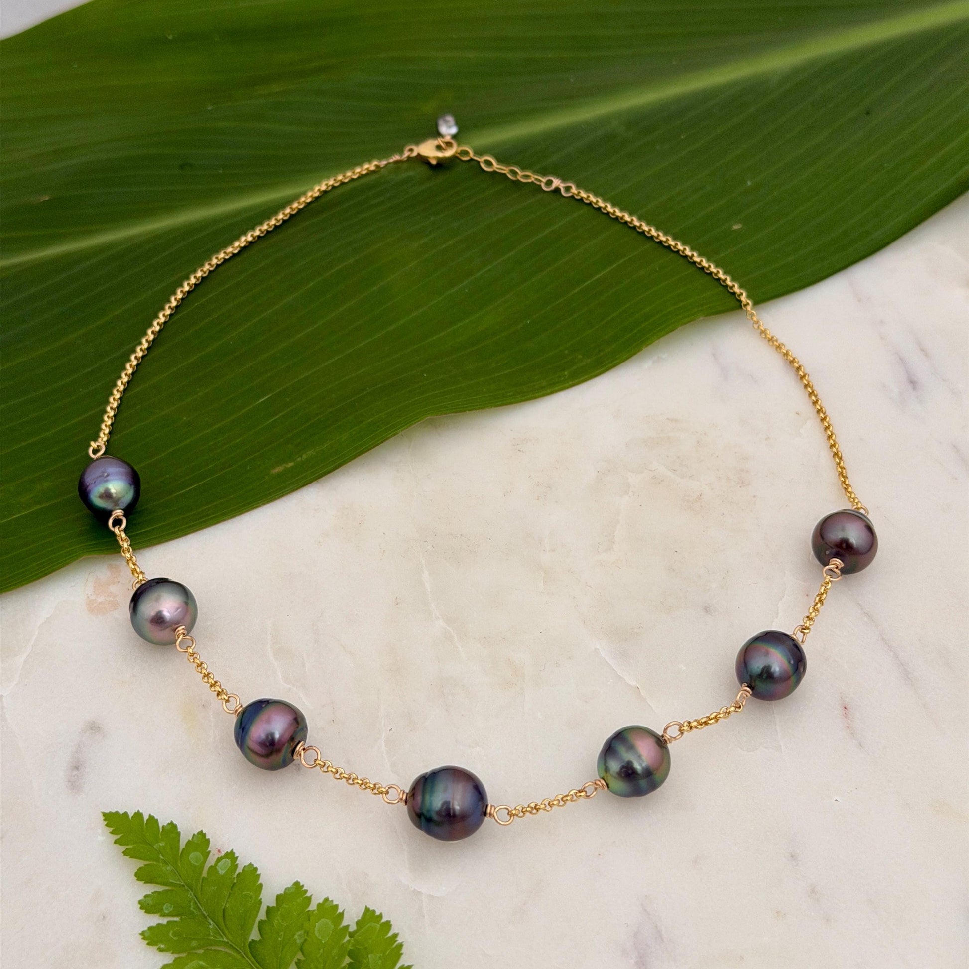 Tahitian Pearl necklace • Seven 11mm gems • 14k gold filled chain