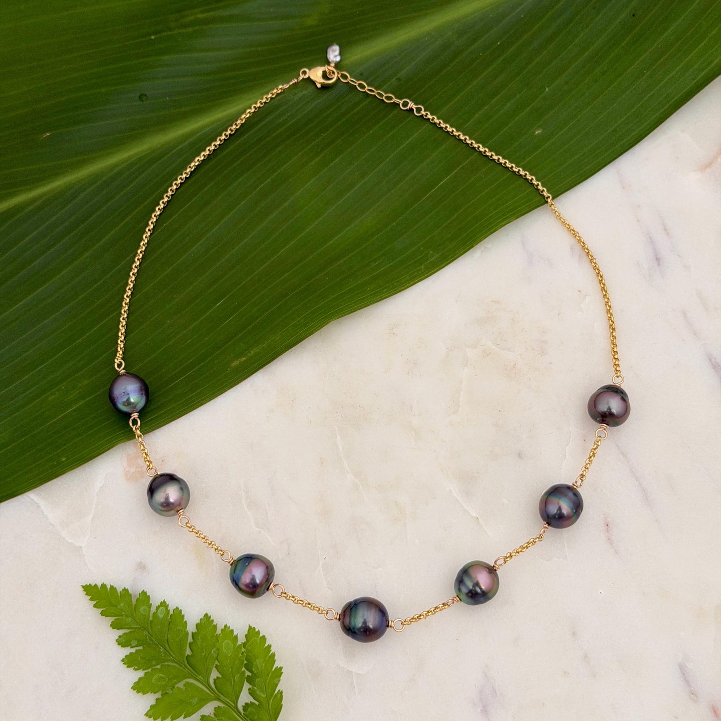 Tahitian Pearl necklace • Seven 11mm gems • 14k gold filled chain