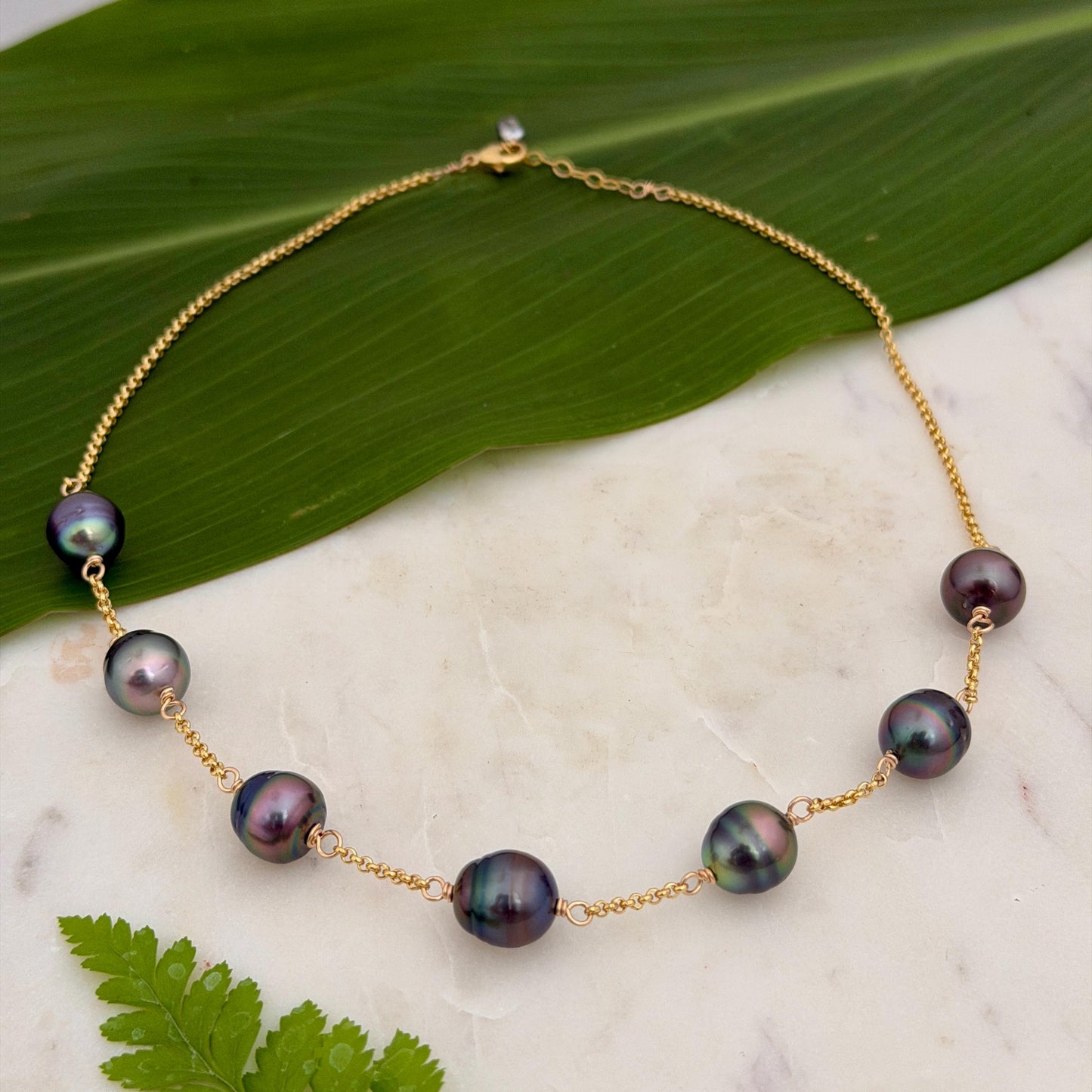 Tahitian Pearl necklace • Seven 11mm gems • 14k gold filled chain