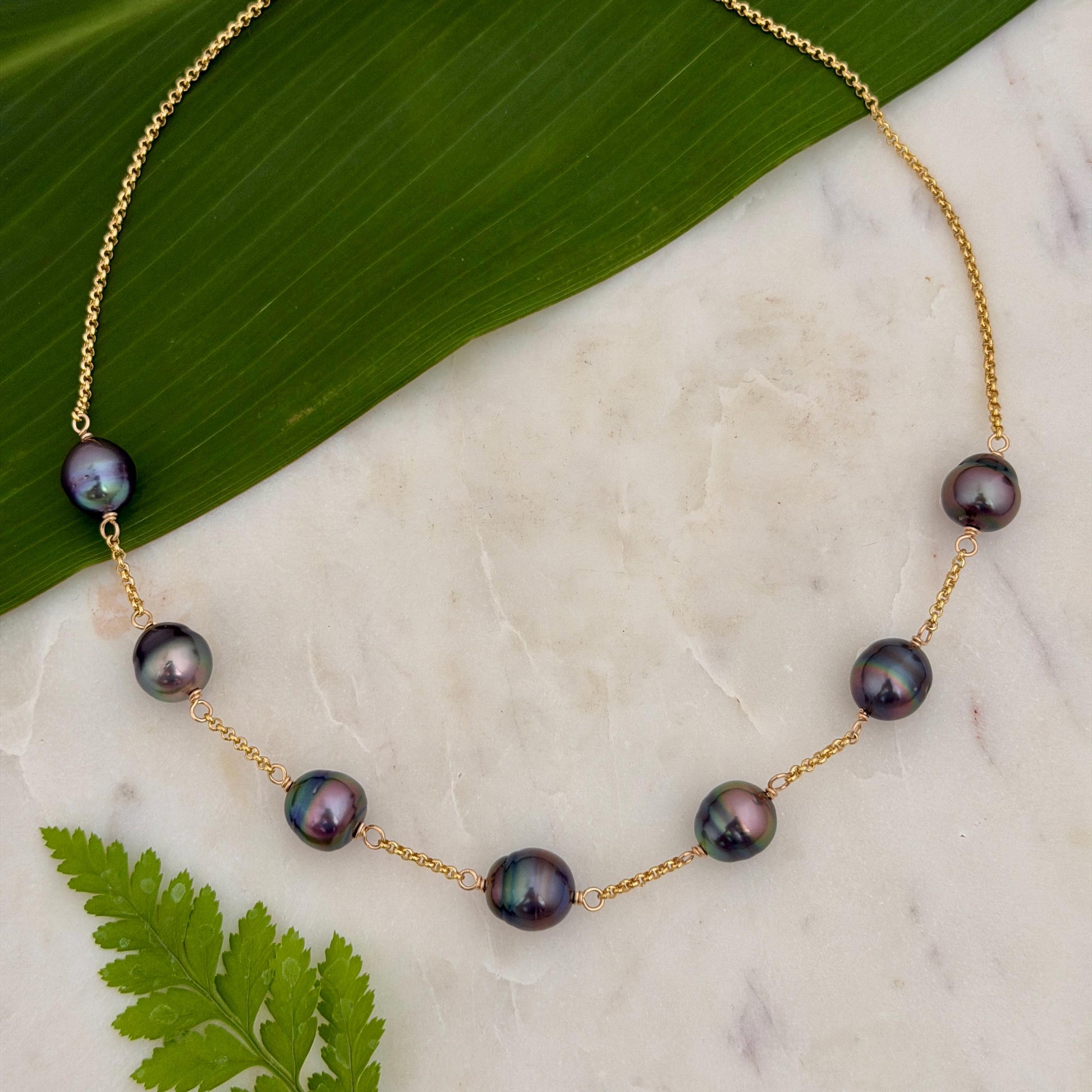 Tahitian Pearl necklace • Seven 11mm gems • 14k gold filled chain