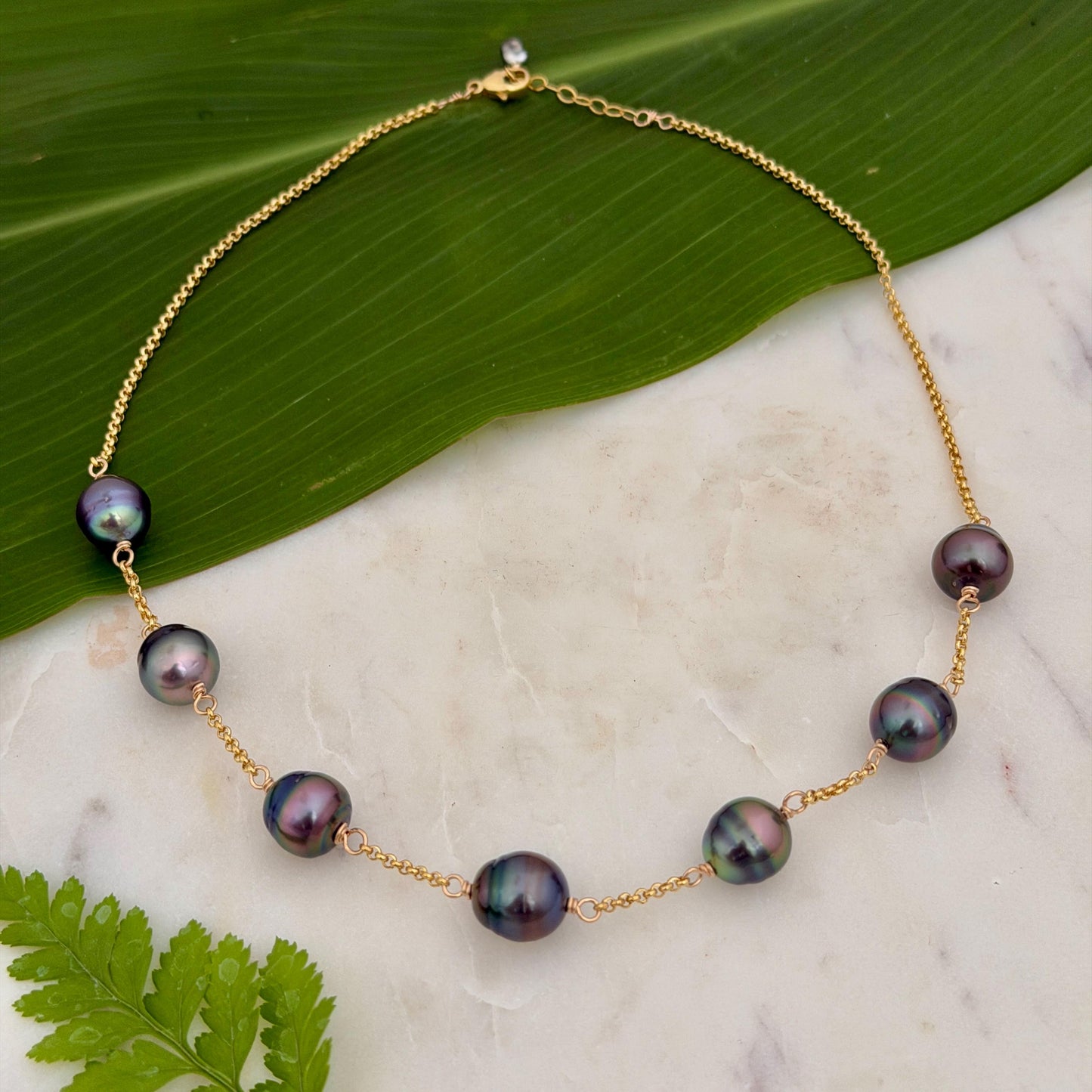 Tahitian Pearl necklace • Seven 11mm gems • 14k gold filled chain