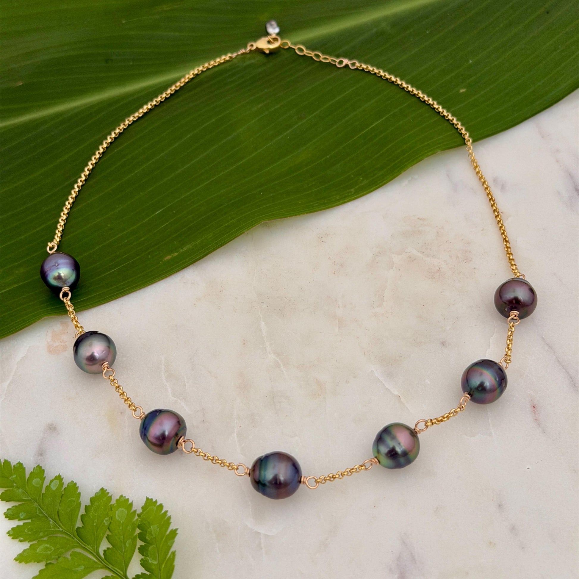 Tahitian Pearl necklace • Seven 11mm gems • 14k gold filled chain