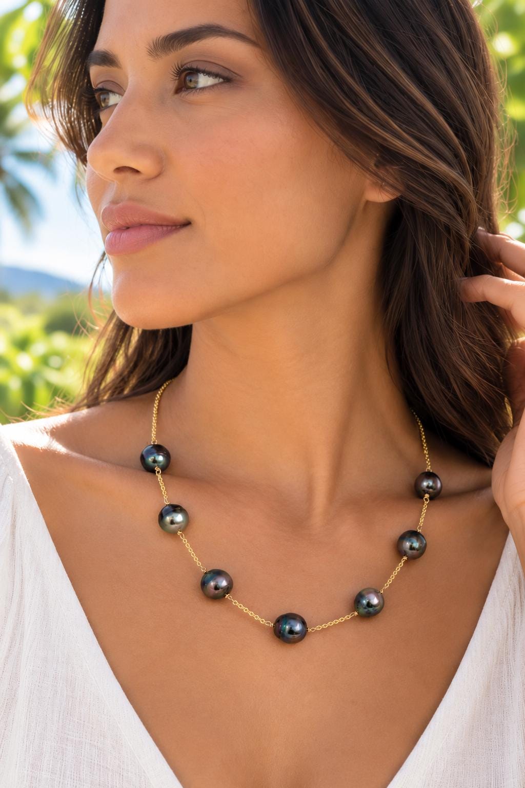 Tahitian Pearl necklace • Seven 11mm gems • 14k gold filled chain