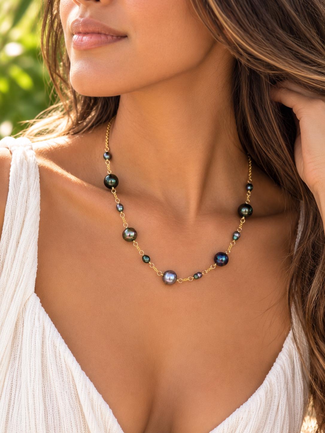 Tahitian Pearl Necklace with Keshis • Gold Filled Chain • Handmade in Hawaii • boho