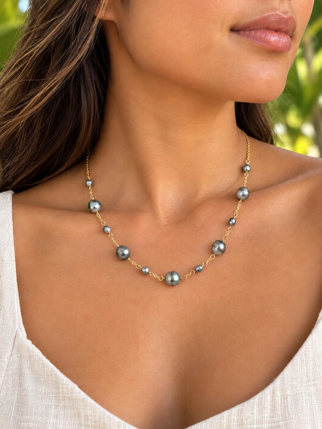 Tahitian Pearl Necklace with Keshis • Gold Filled Chain • Handmade in Hawaii • Pastel colors