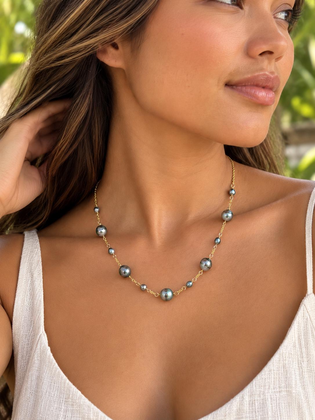 Tahitian Pearl Necklace with Keshis • Gold Filled Chain • Handmade in Hawaii • Pastel colors