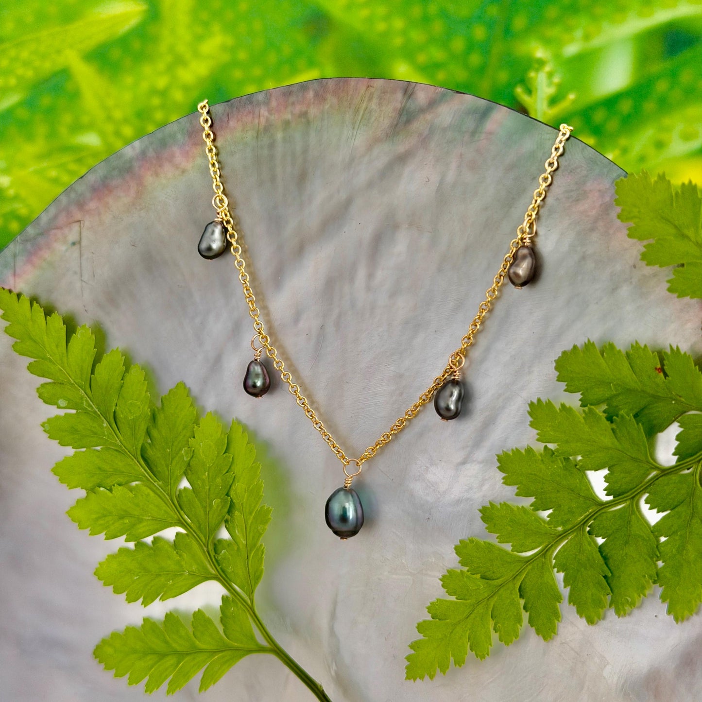 Tahitian Keshi Pearl necklace • Dangle gems in 14k Gold filled