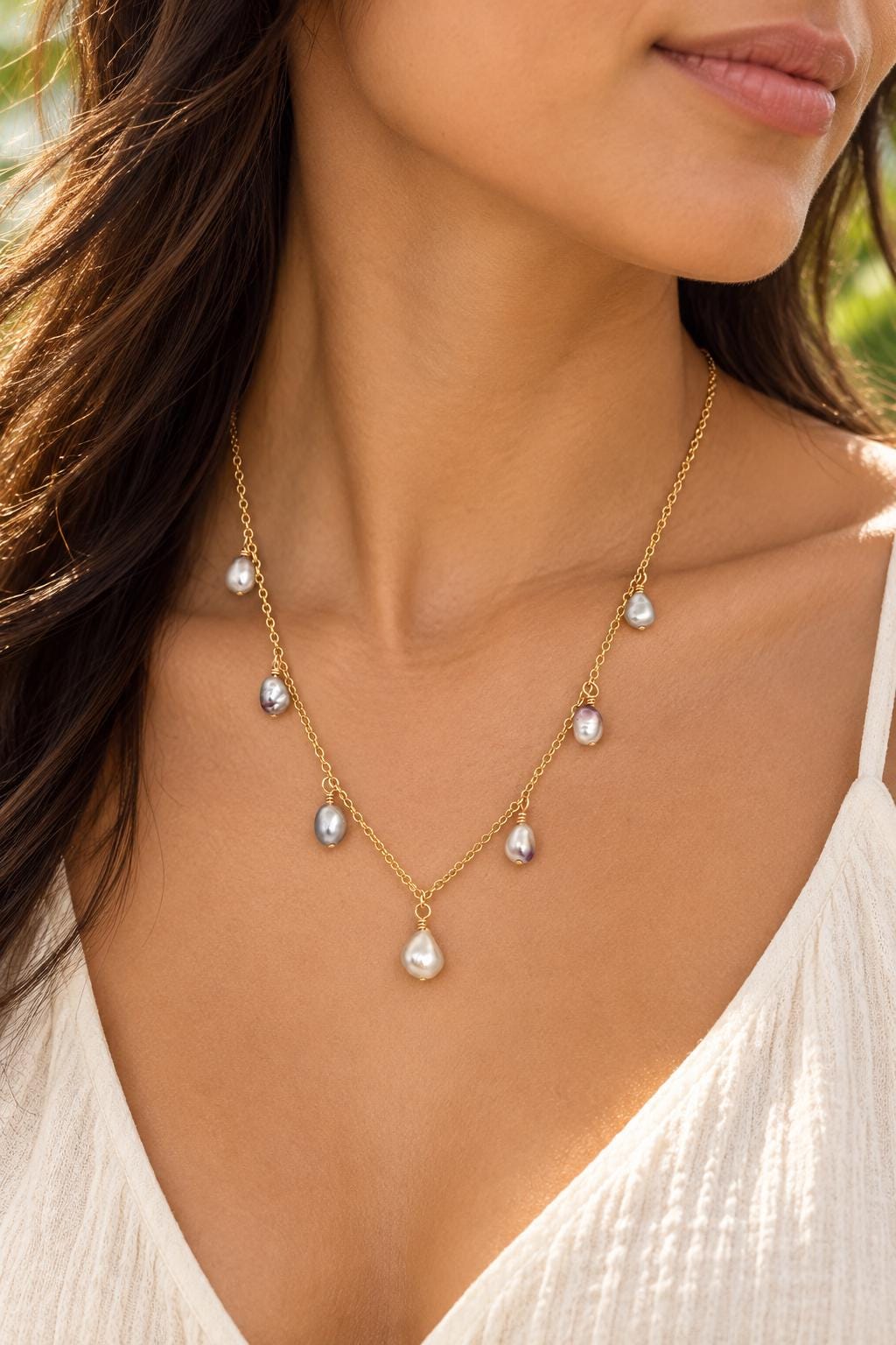 Tahitian Keshi Pearl necklace • 7 Light gems in 14k Gold filled