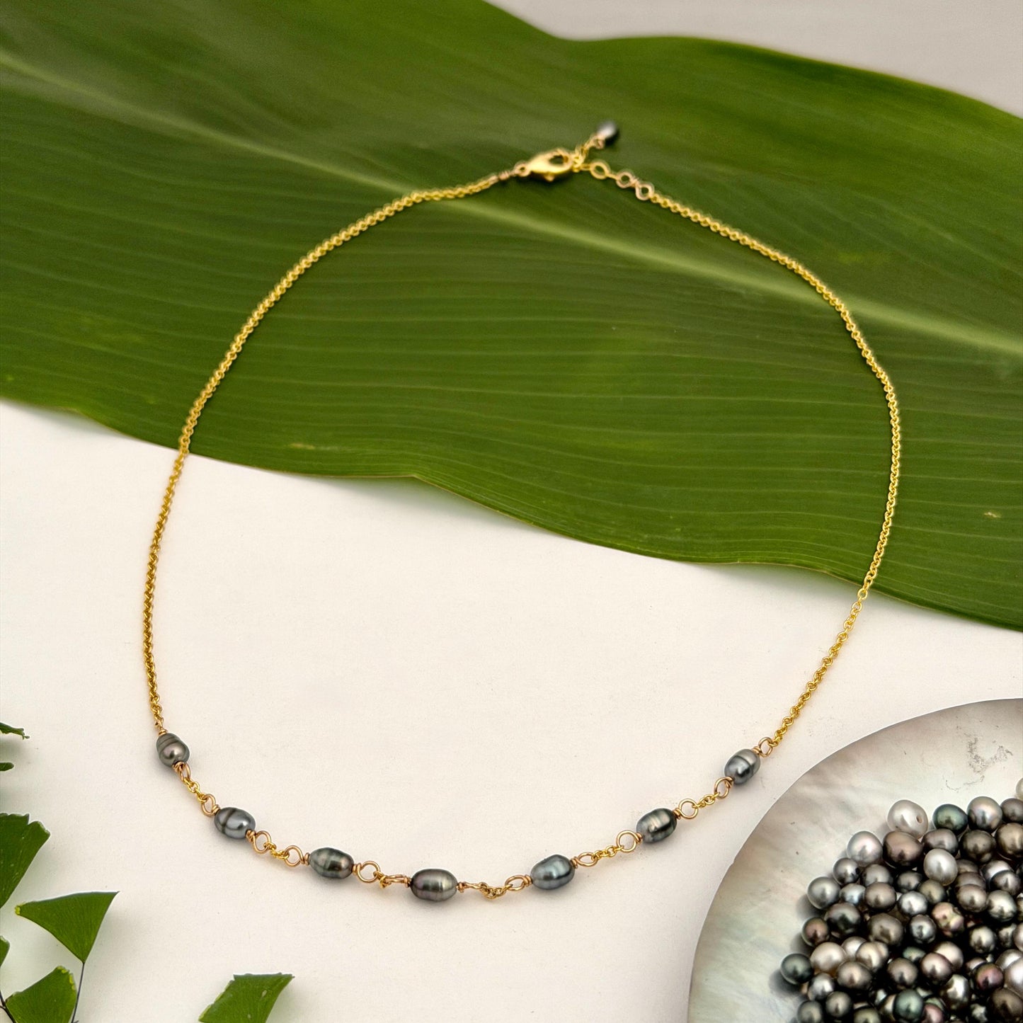 Tahitian Keshi Pearl Necklace: Gold Filled or Sterling Silver • 7 Keshis