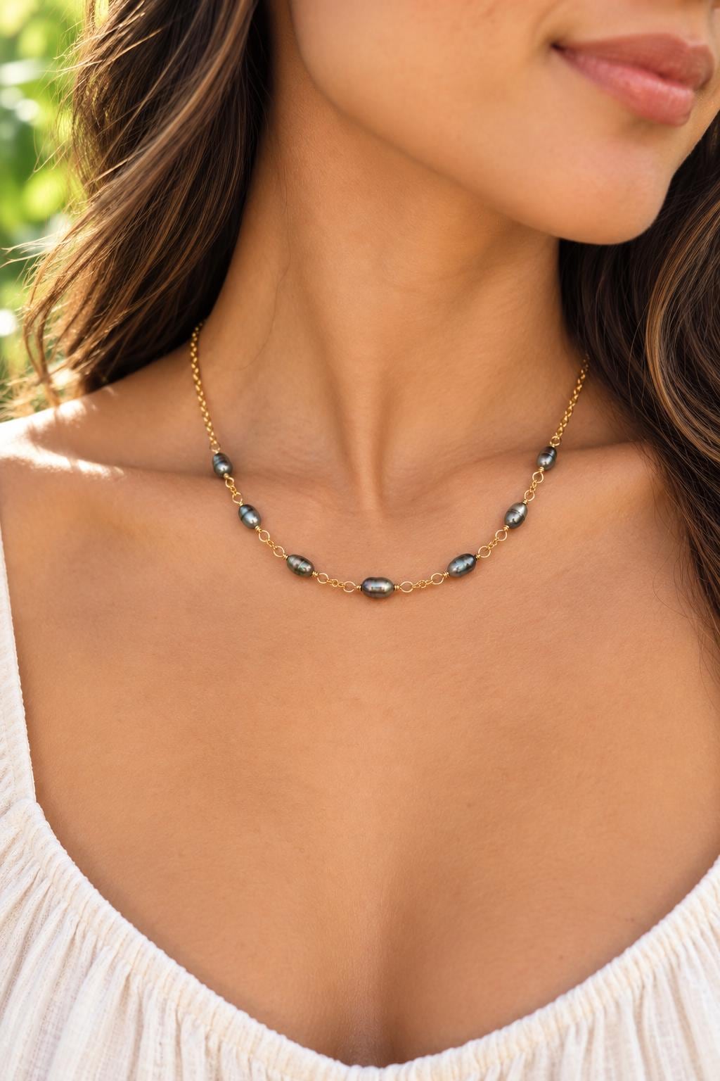 Tahitian Keshi Pearl Necklace: Gold Filled or Sterling Silver • 7 Keshis