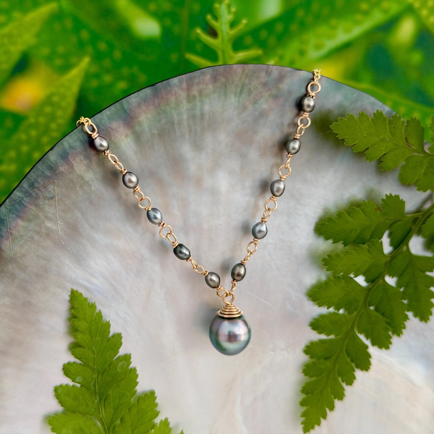 Tahitian Pearl & Keshi Necklace • Sky Blue color • Gold filled