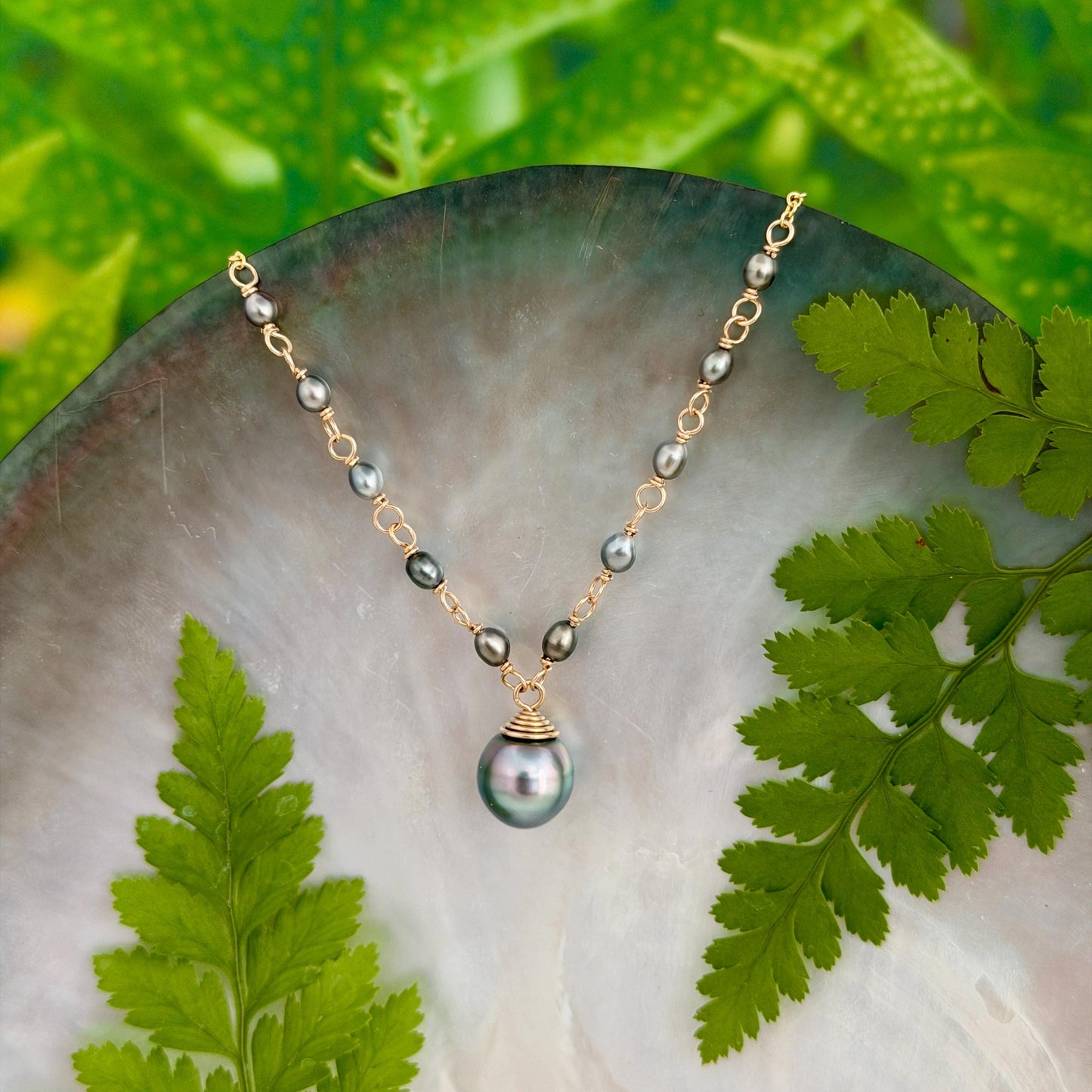 Tahitian Pearl & Keshi Necklace • Sky Blue color • Gold filled