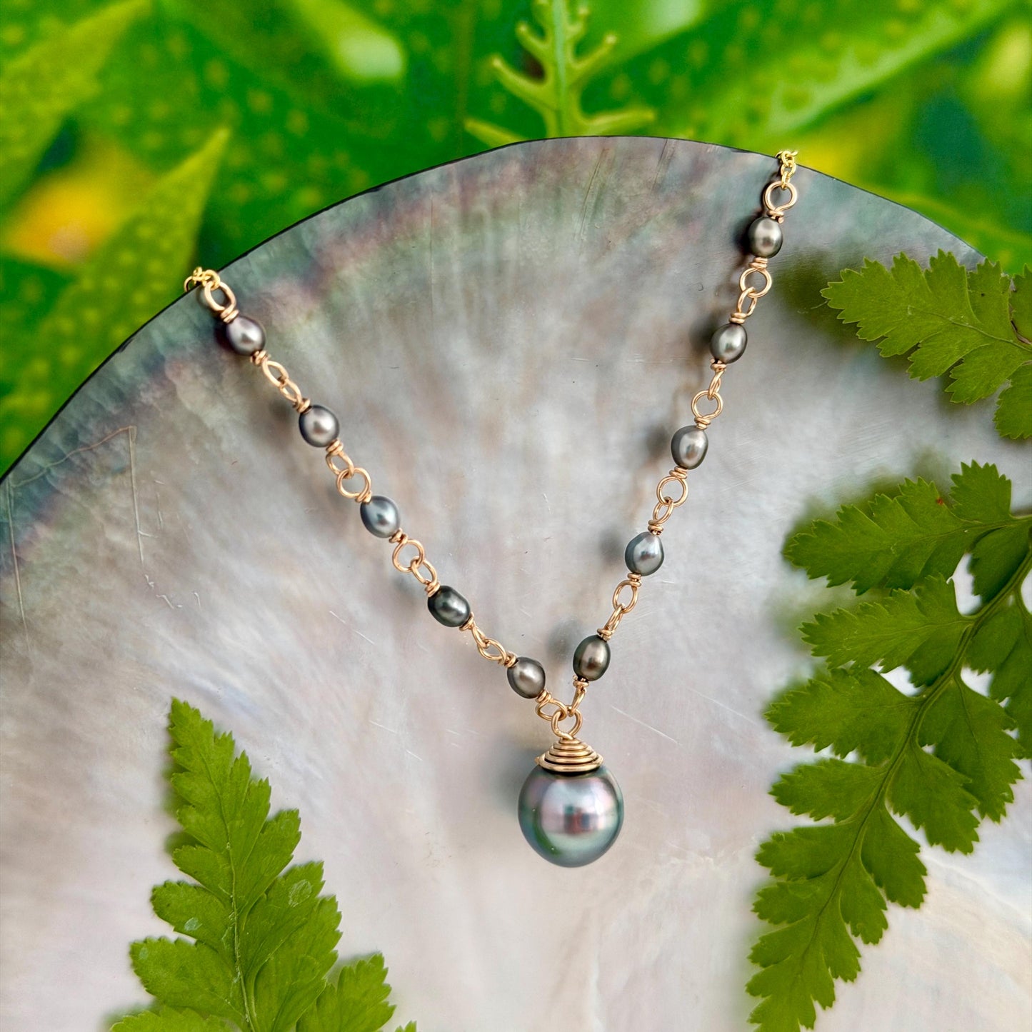 Tahitian Pearl & Keshi Necklace • Sky Blue color • Gold filled
