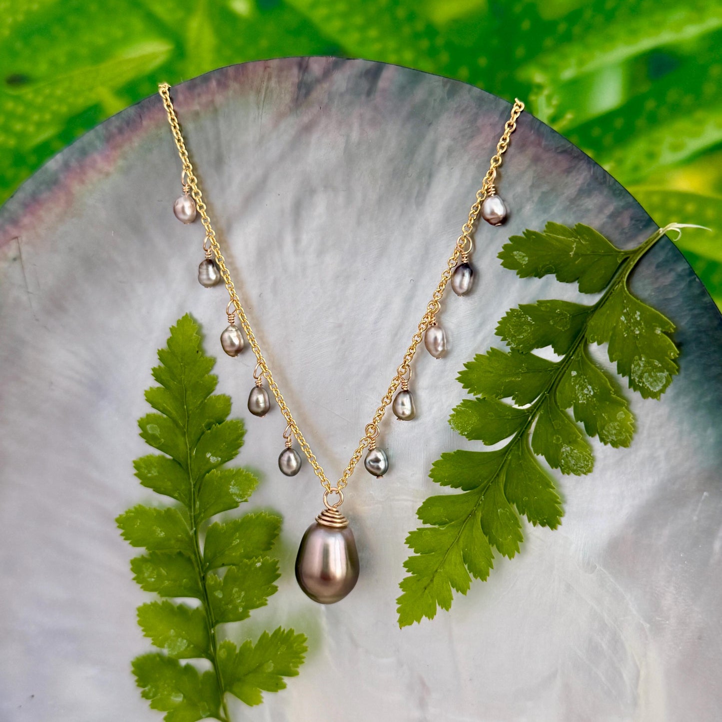 Tahitian Pearl & Keshi Dangle Necklace • Dark chocolate color with green hues