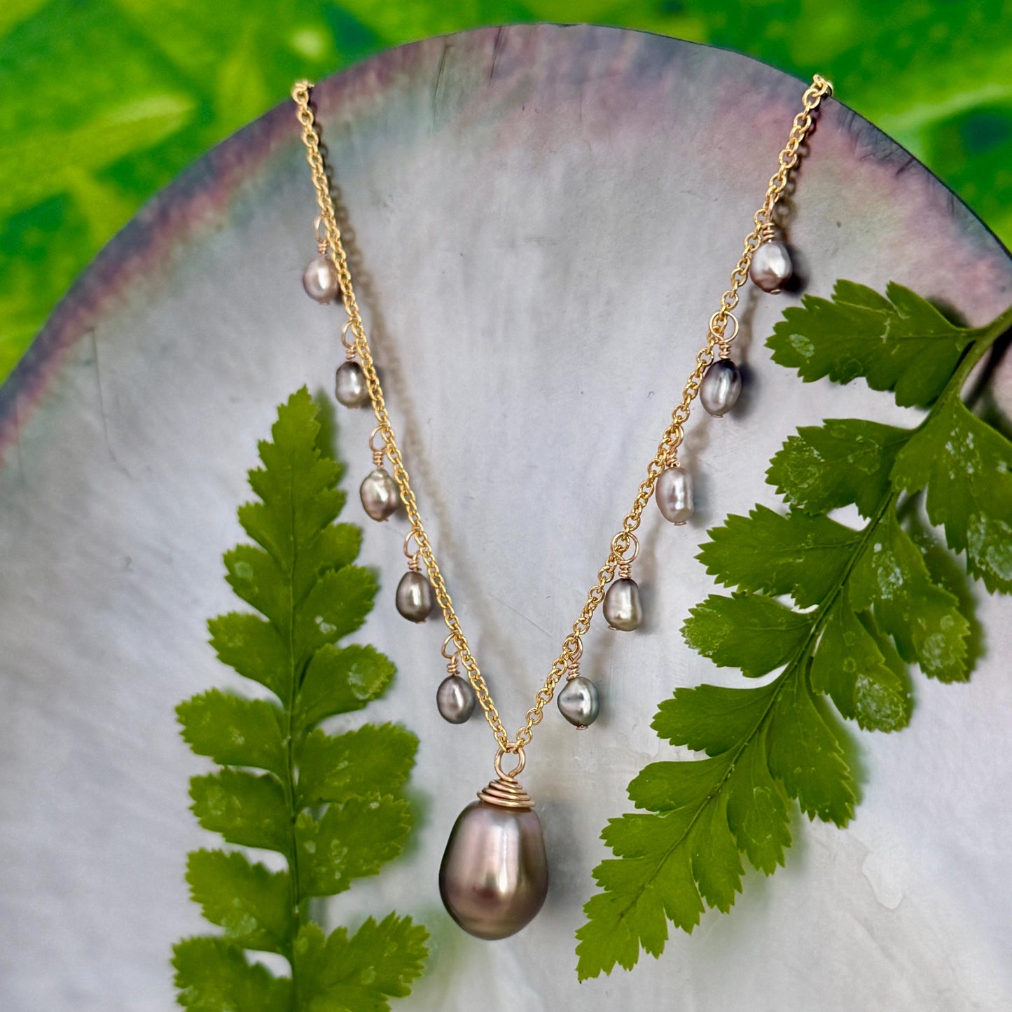Tahitian Pearl & Keshi Dangle Necklace • Dark chocolate color with green hues