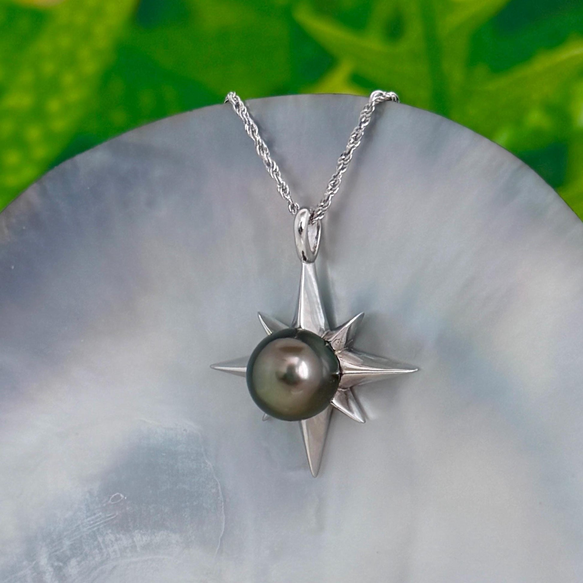 Tahitian Pearl Star Necklace: Sterling Silver Starburst Pendant, Hawaiian Jewelry