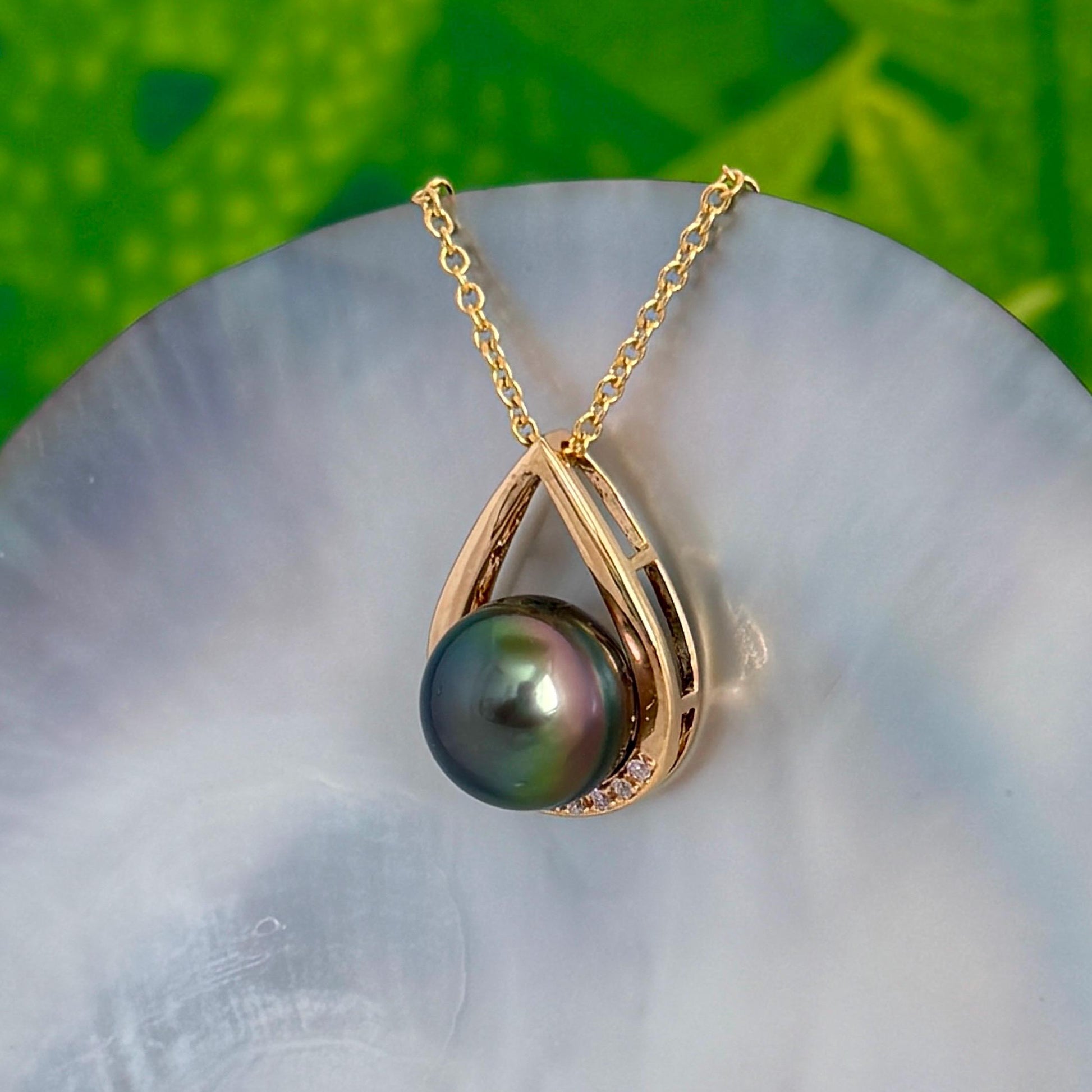 Tahitian pearl pendant • peacock color • teardrop necklace with CZ