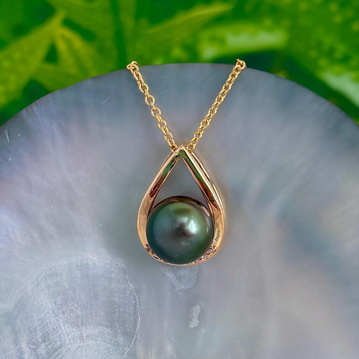 Tahitian pearl pendant • peacock color • teardrop necklace with CZ