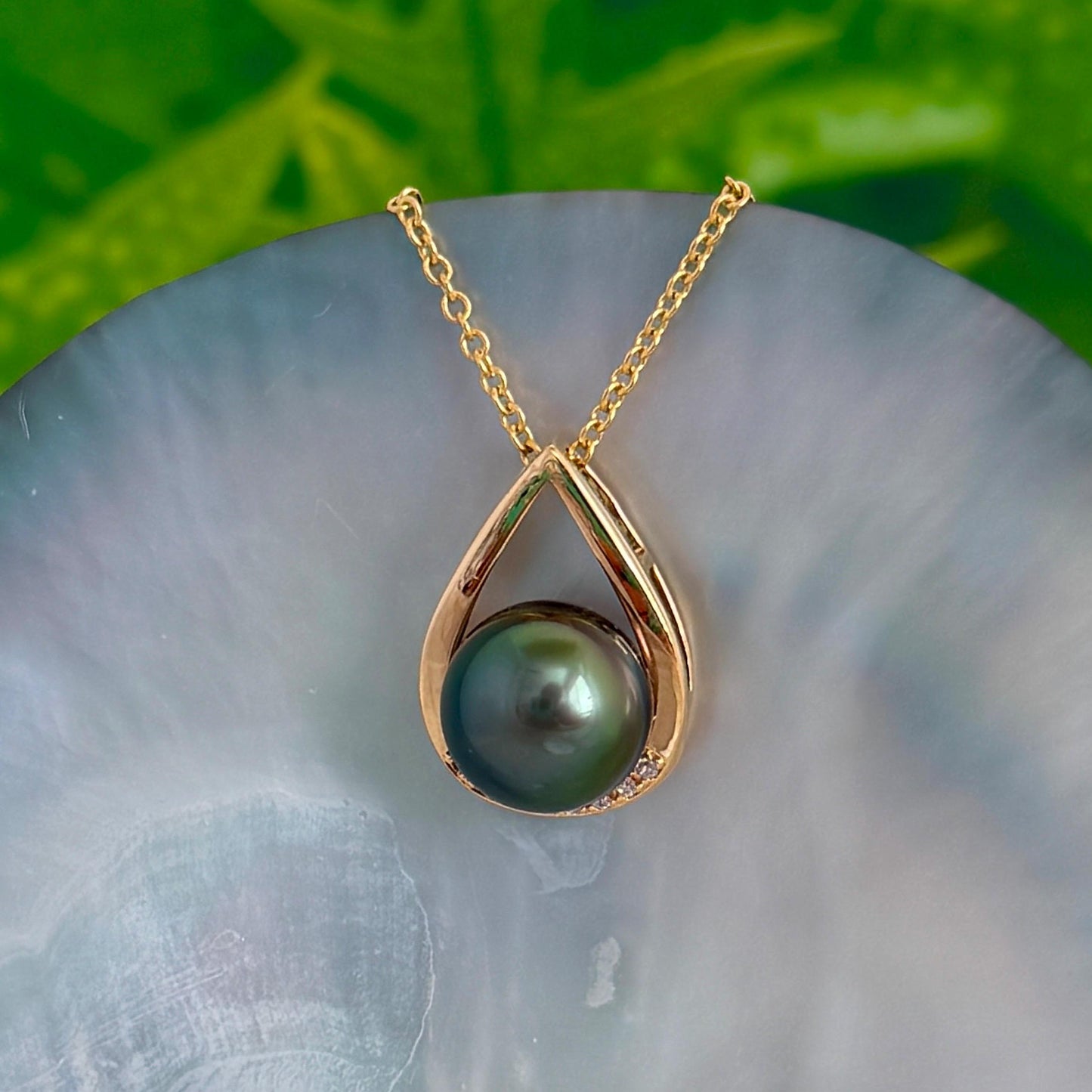 Tahitian pearl pendant • peacock color • teardrop necklace with CZ