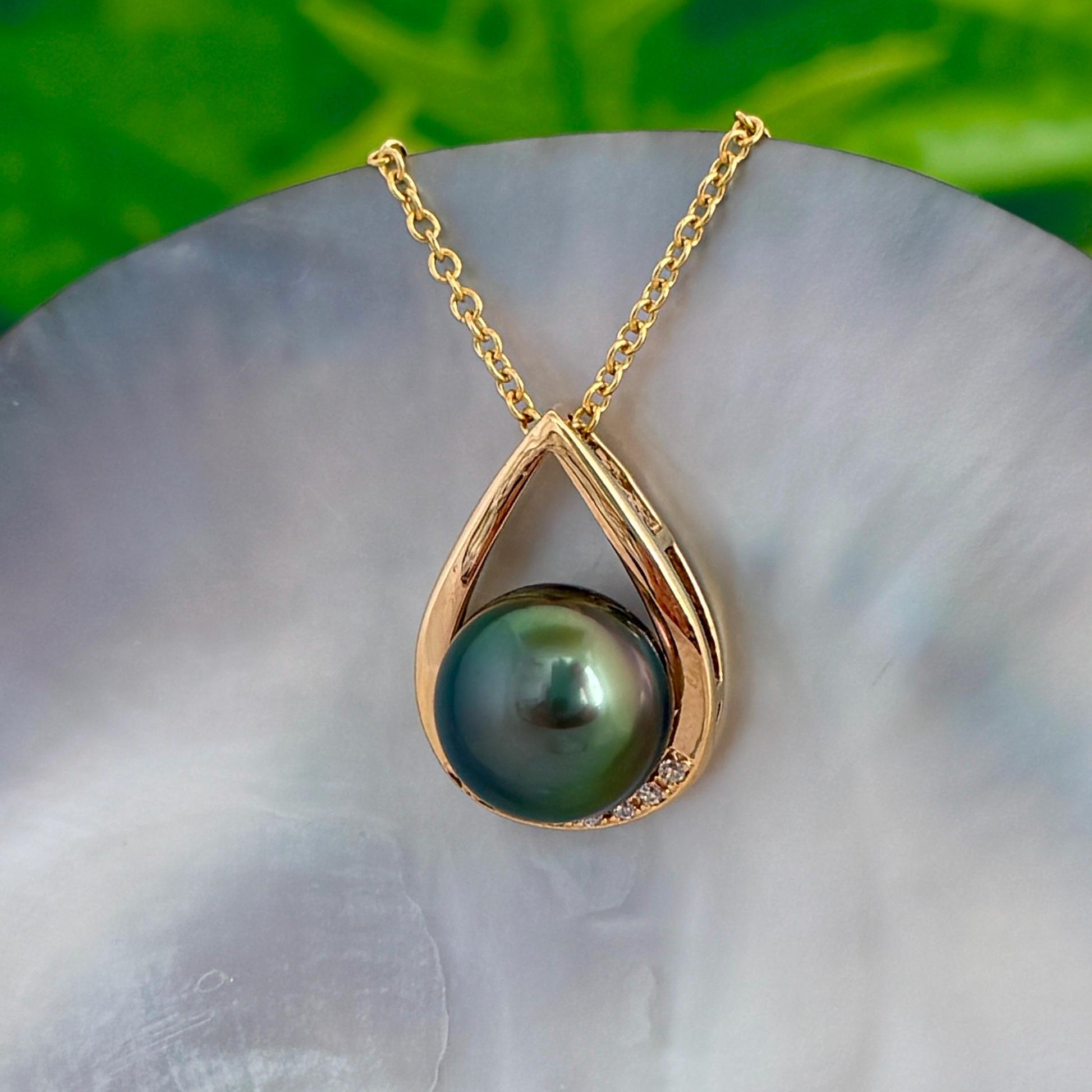 Tahitian pearl pendant • peacock color • teardrop necklace with CZ