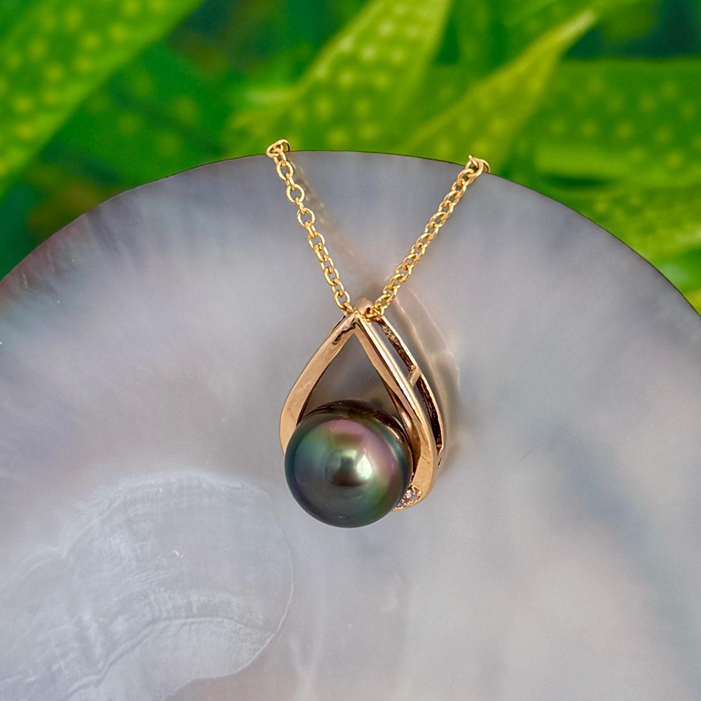 Tahitian pearl pendant • peacock color • teardrop necklace with CZ