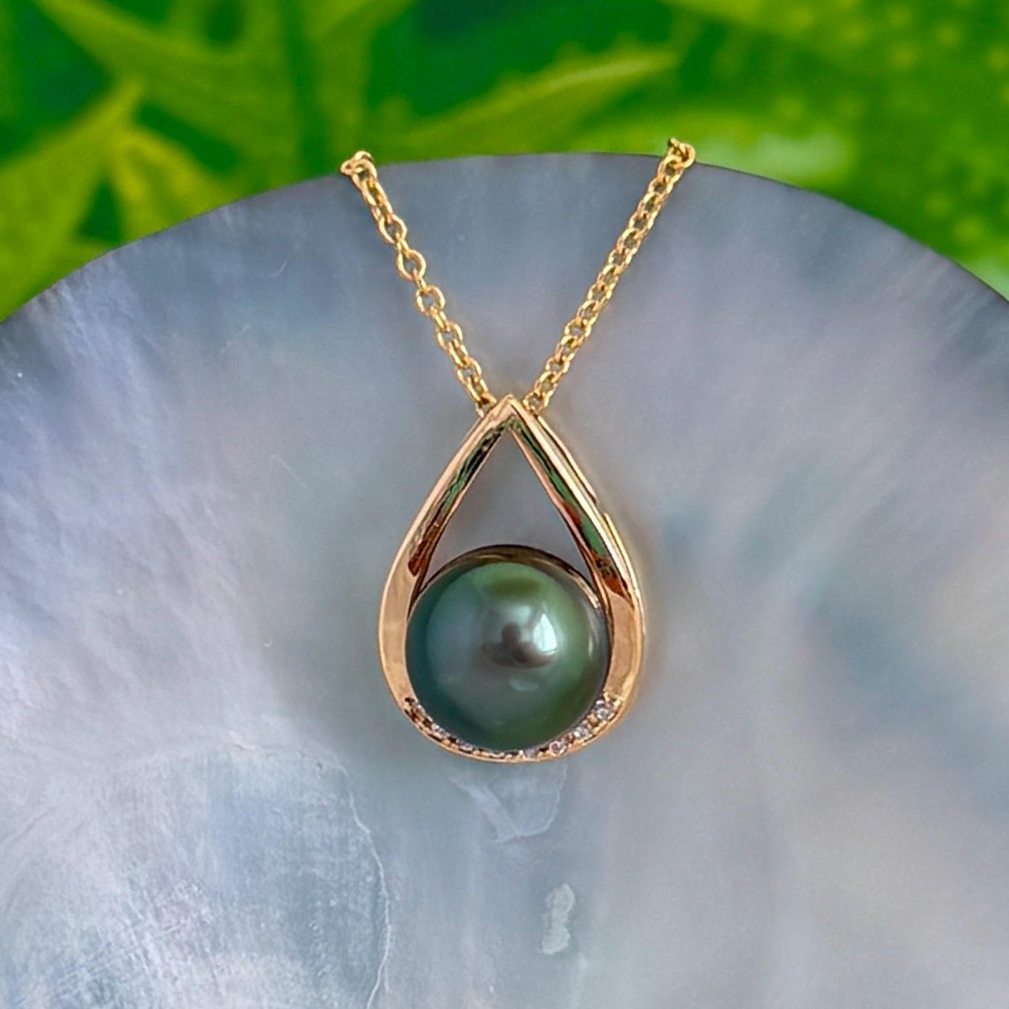 Tahitian pearl pendant • peacock color • teardrop necklace with CZ