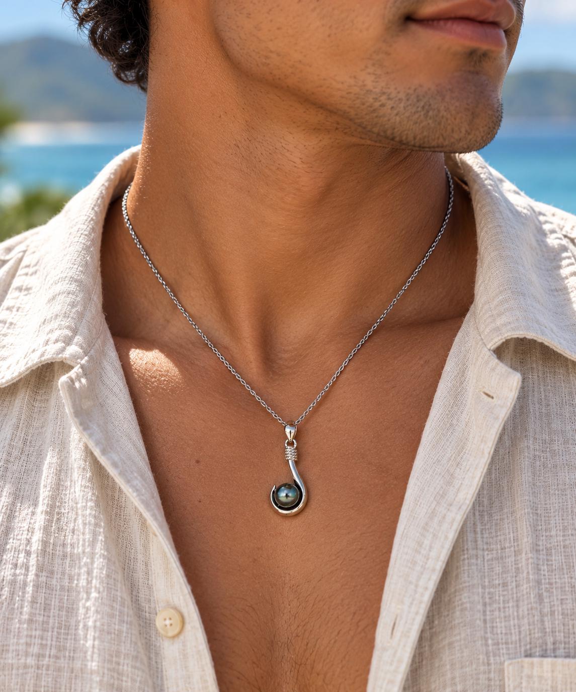 Fishhook Tahitian pearl necklace • Sterling silver pendant • Dark Blue color • Unisex