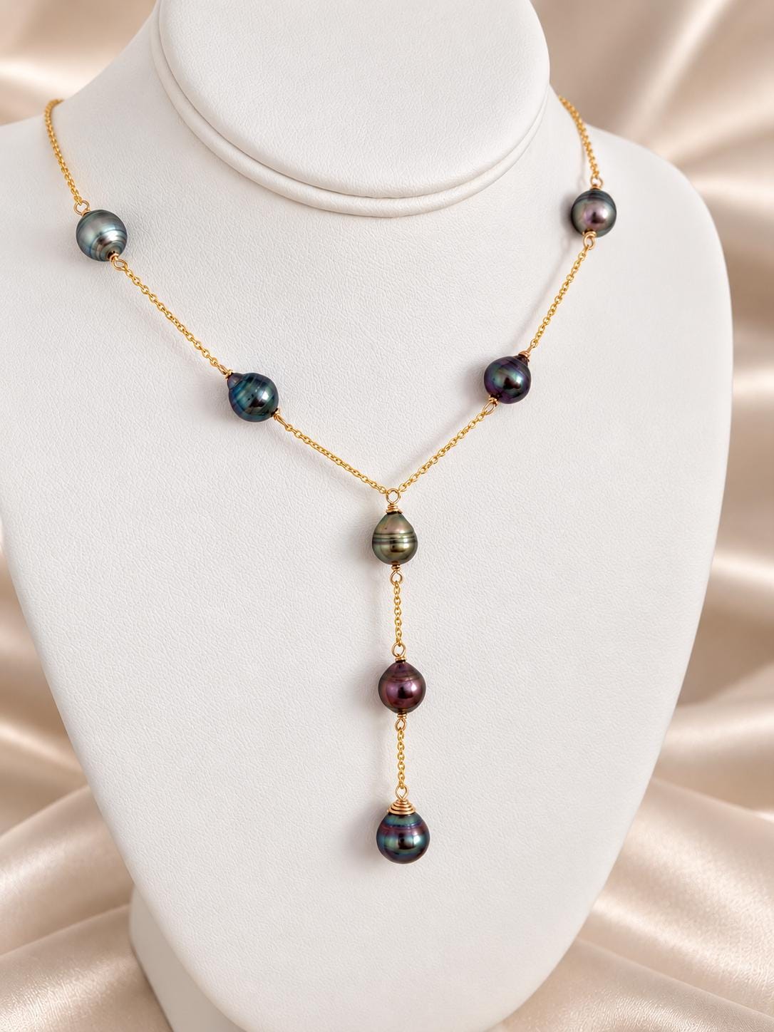 Tahitian pearl Y necklace • Linked pearls with drop pendant