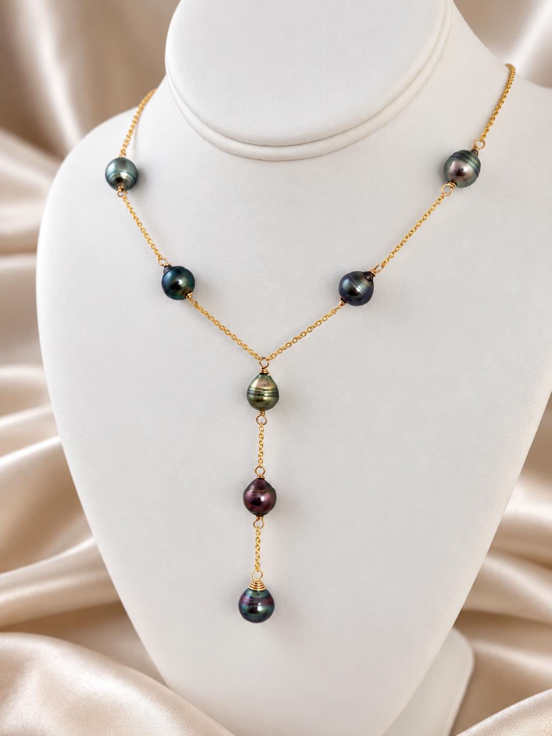 Tahitian pearl Y necklace • Linked pearls with drop pendant