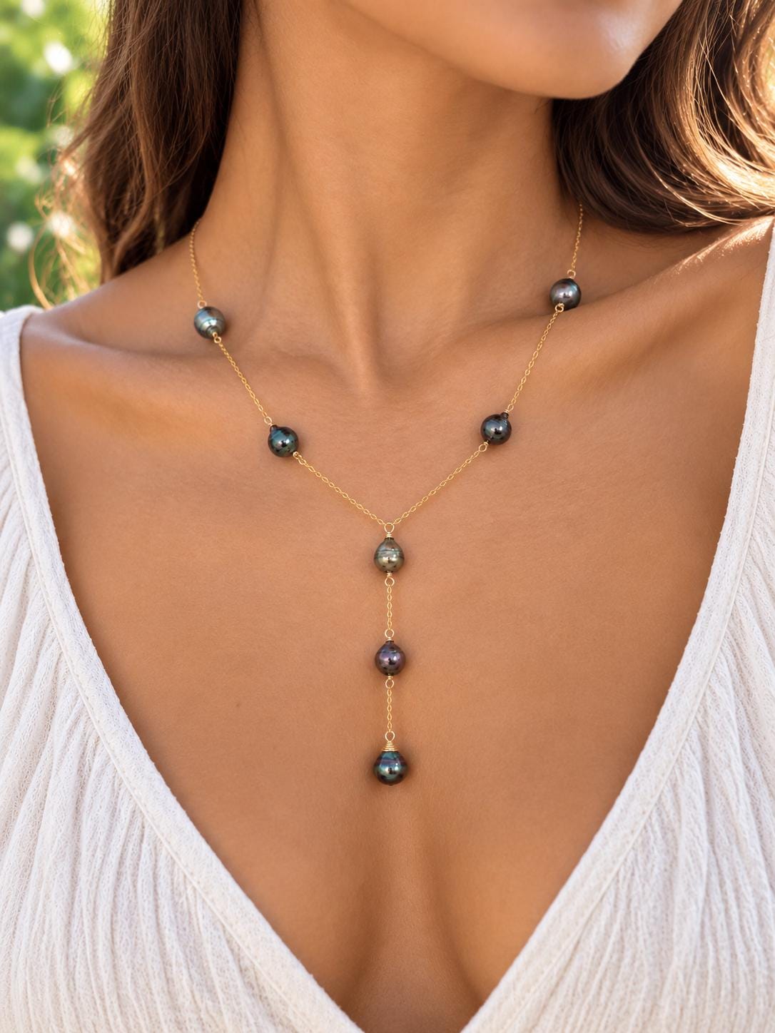Tahitian pearl Y necklace • Linked pearls with drop pendant