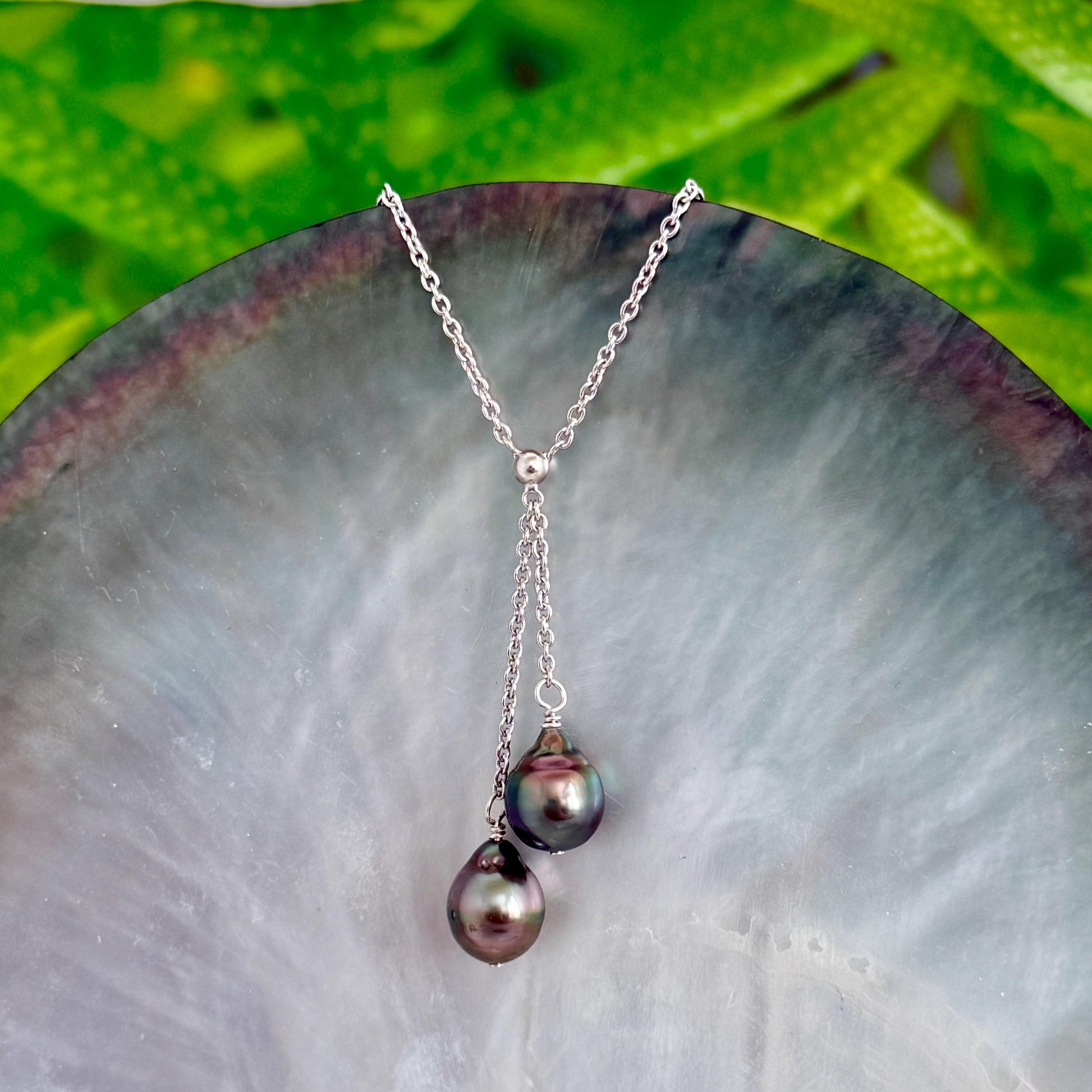 Tahitian Pearl Necklace • Double Drop Lariat Design • Pink Aubergine Peacock Blue color
