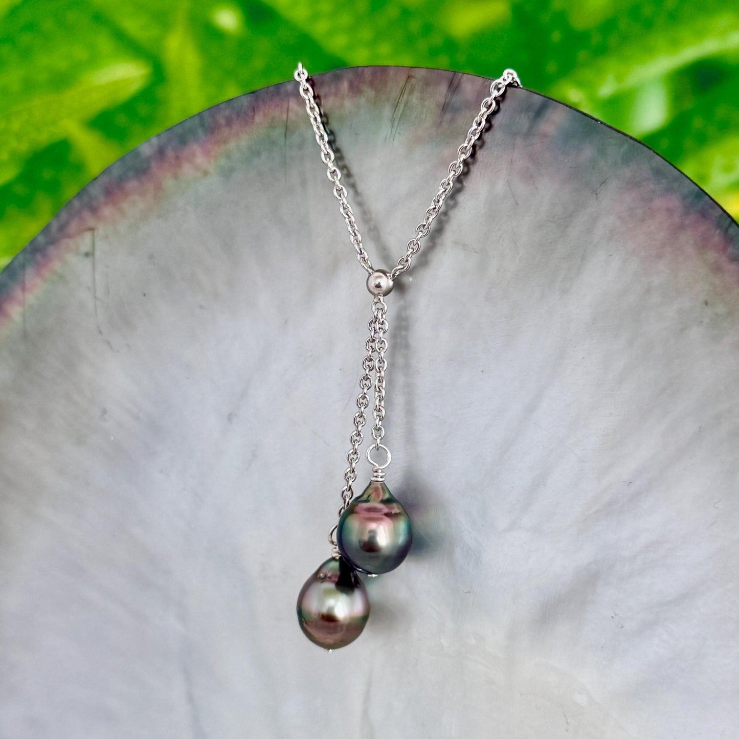 Tahitian Pearl Necklace • Double Drop Lariat Design • Pink Aubergine Peacock Blue color