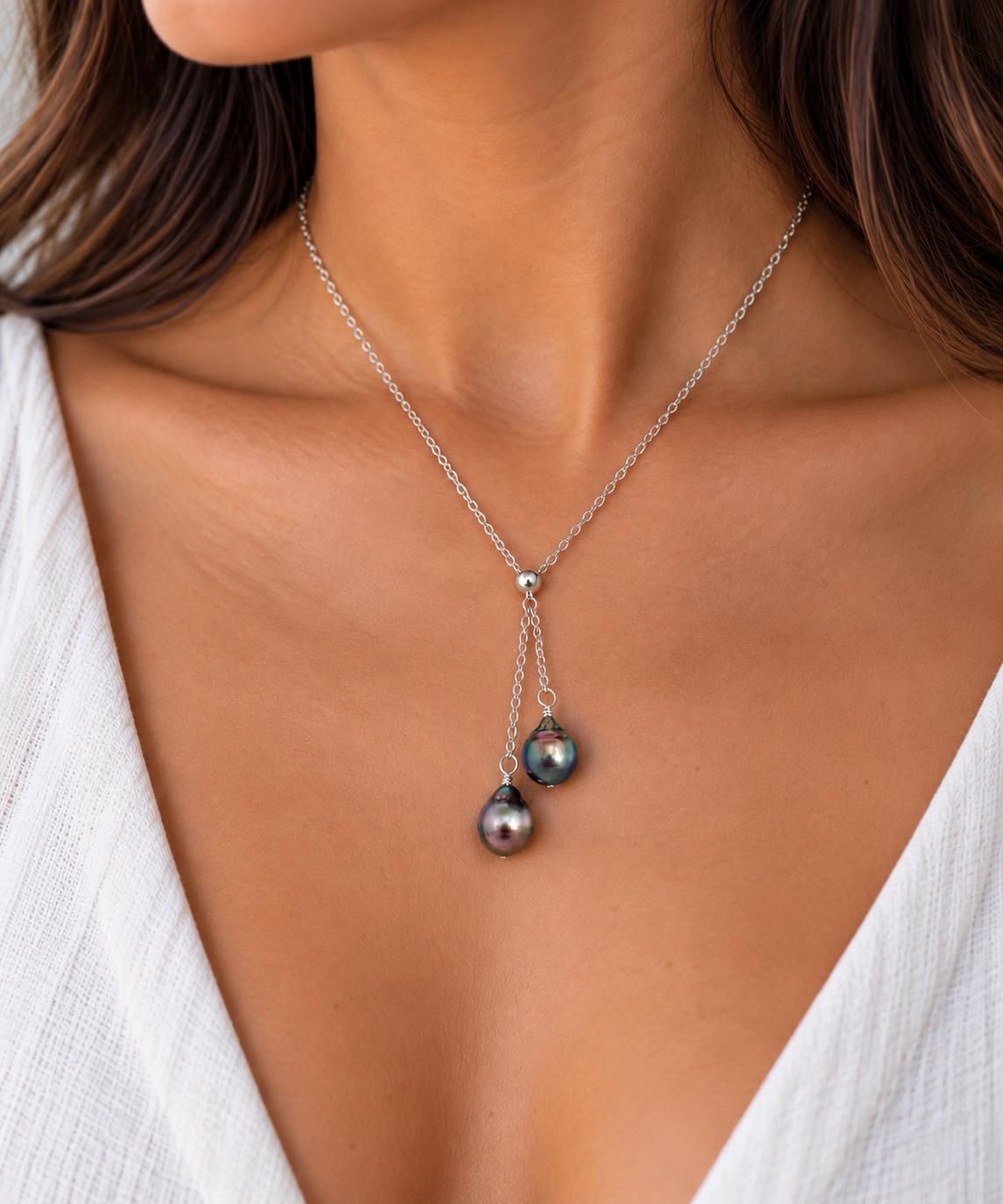 Tahitian Pearl Necklace • Double Drop Lariat Design • Pink Aubergine Peacock Blue color