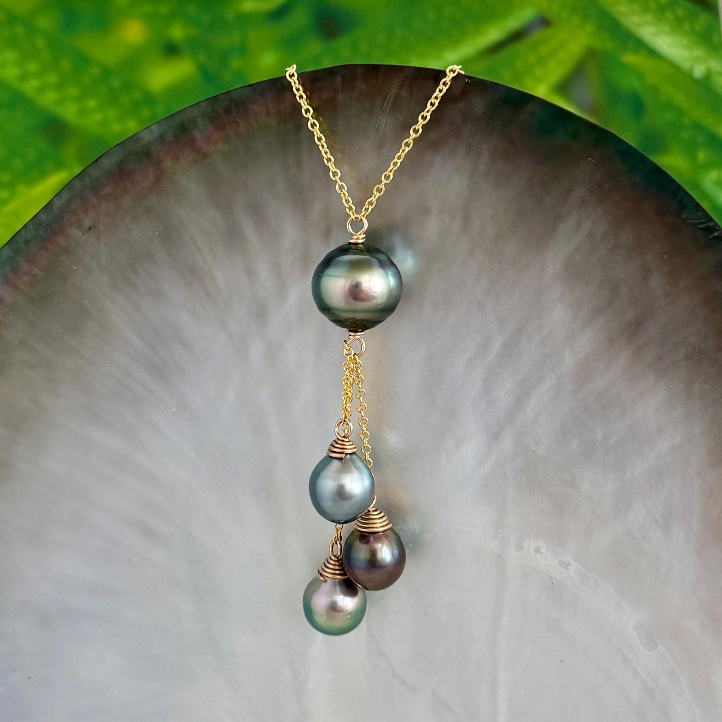 Tahitian pearl necklace • Multi drop design with four pearls • Gold filled