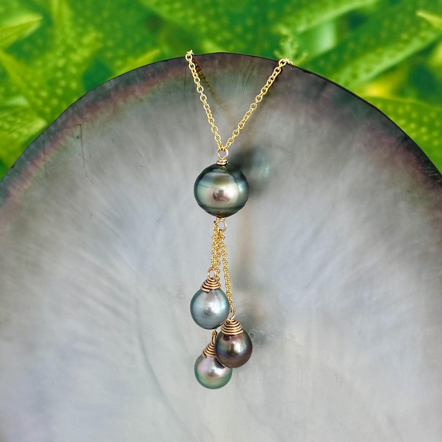 Tahitian pearl necklace • Multi drop design with four pearls • Gold filled