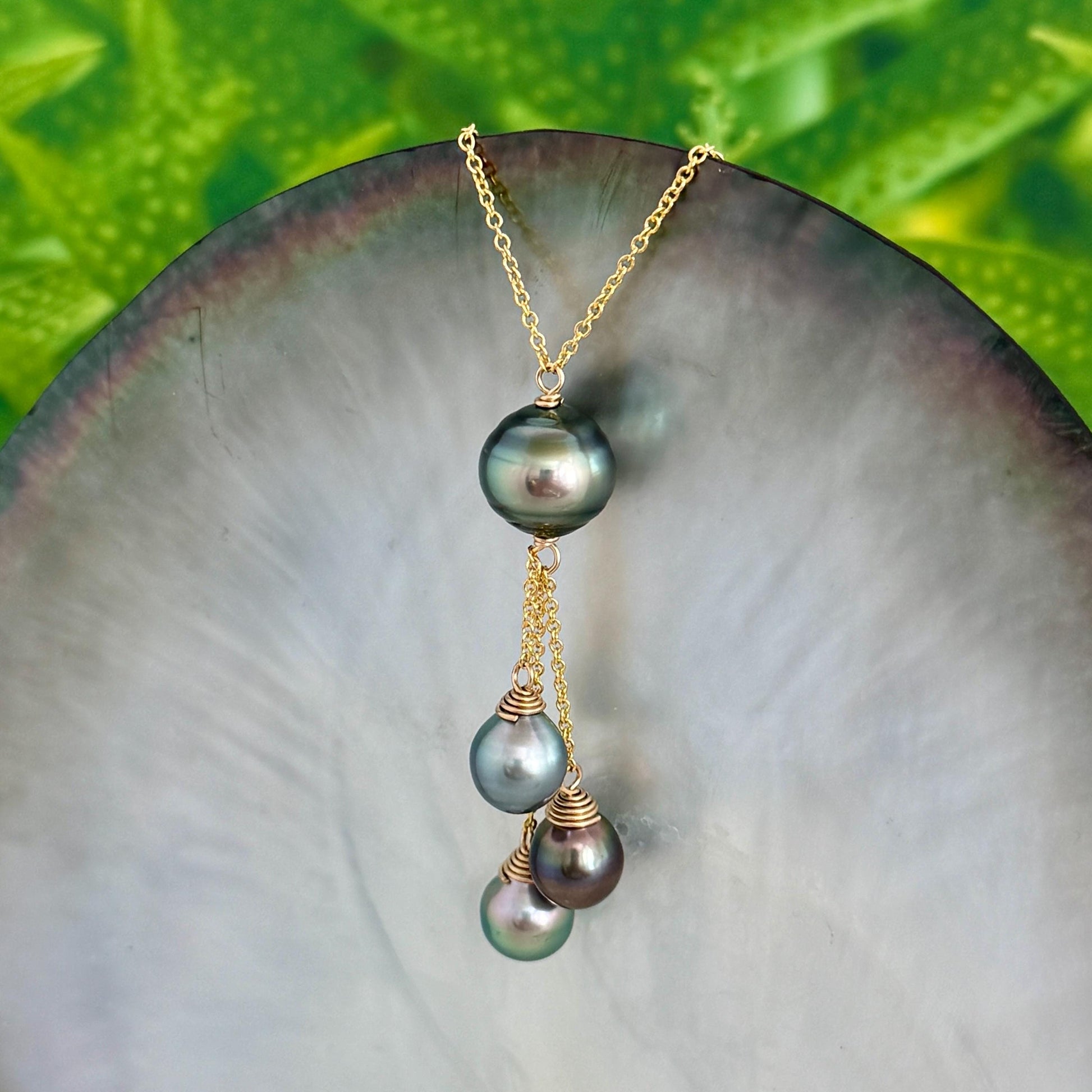 Tahitian pearl necklace • Multi drop design with four pearls • Gold filled