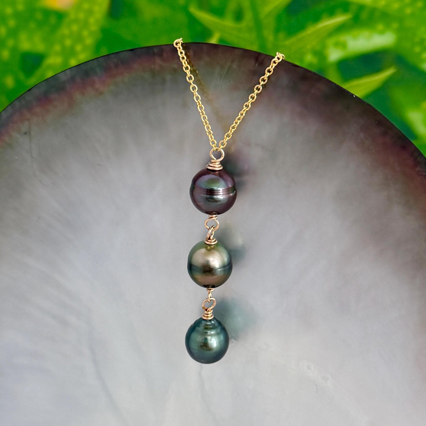 Tahitian Pearl Drop Necklace • Triple • Trio • 14k Gold-Filled • Aubergine, Pistachio and Green