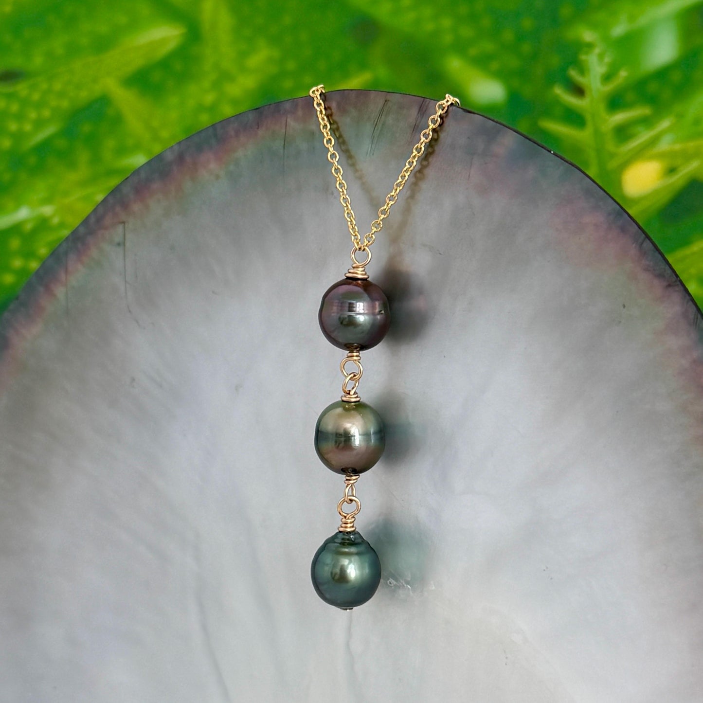 Tahitian Pearl Drop Necklace • Triple • Trio • 14k Gold-Filled • Aubergine, Pistachio and Green